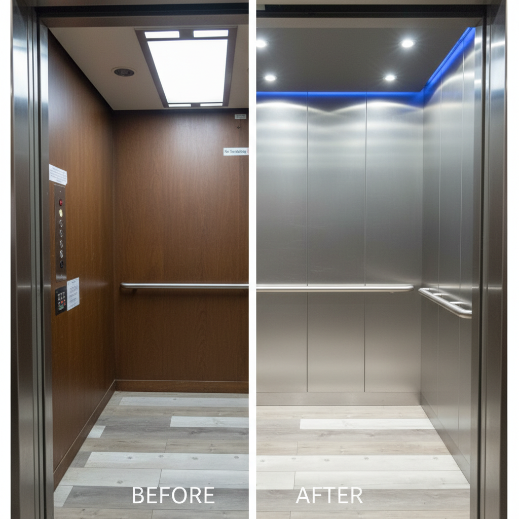 Elevator cabin before and after renovation